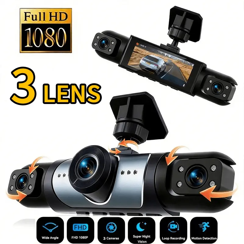 Panoramic Dash Cam 360 - 360 ° กล้องติดรถยนต์แบบสามช่องภาพพาโนรามา, เซ็นเซอร์ G, ระบบตรวจสอบขณะจอดรถตลอด