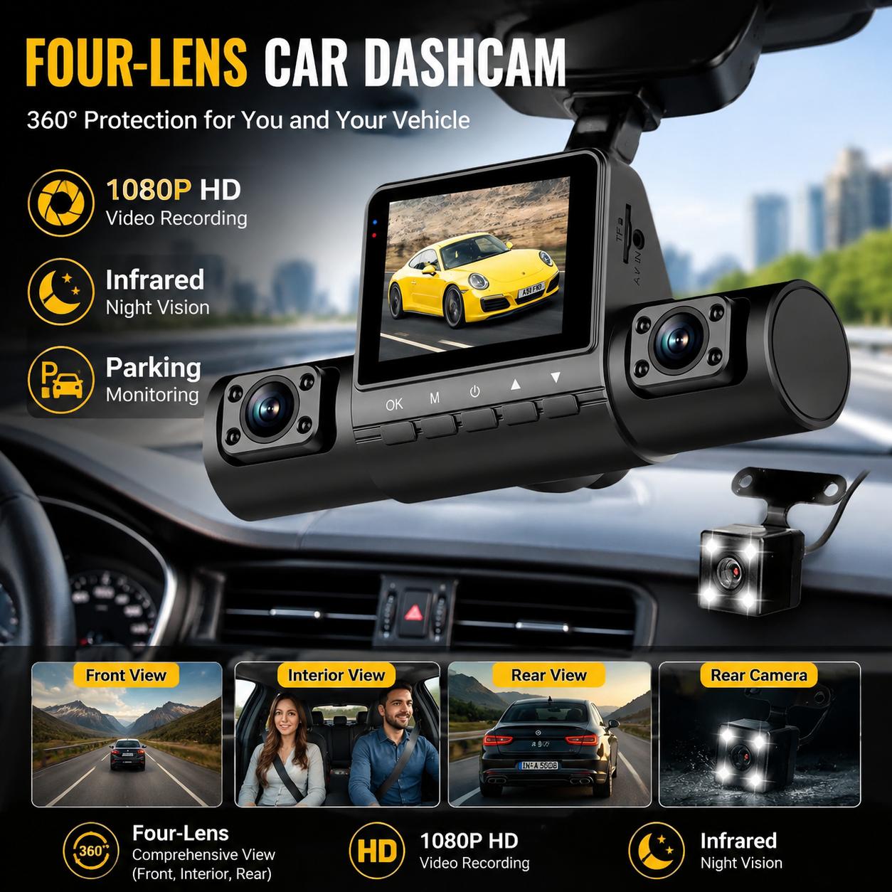 กล้องติดรถยนต์ 4 เลนส์ 1080P ฟ - Panoramic Dash Cam 360 บทวิจารณ์และราคา